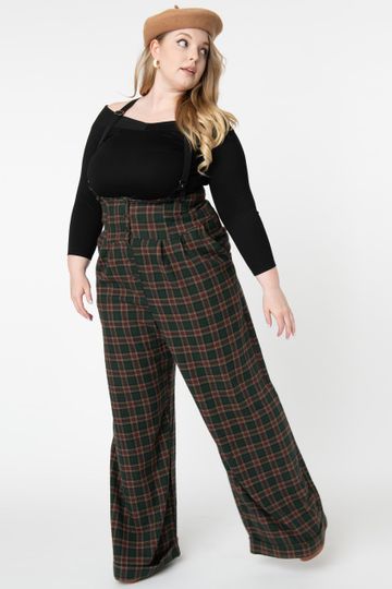 Unique Vintage Plus Size 1930s Green & Red Plaid Thelma Suspender Pants