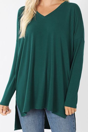 Deep Green Long Sleeve V-Neck Dolman Top with Side Slits