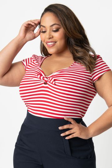 Unique Vintage Plus Size 1950s Style Red & White Stripe Knit Sweetheart Rosemary Top