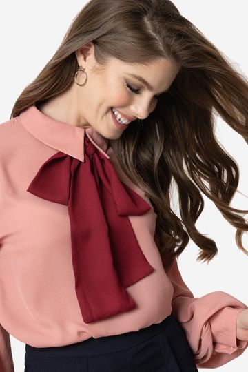 Vintage Style Dusty Rose & Burgundy Neck Tie Long Sleeve Blouse