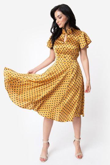 Unique Vintage 1950s Mustard & Navy Polka Dot Baltimore Swing Dress