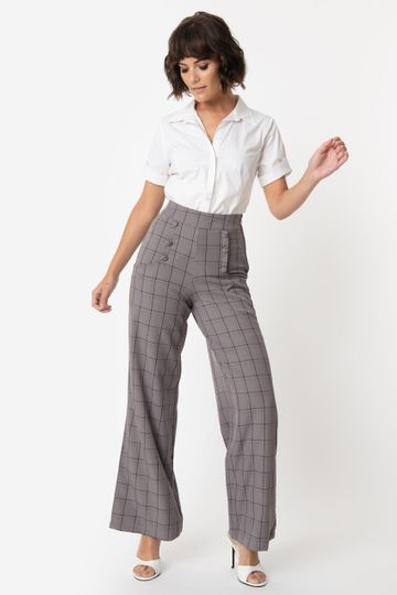 Unique Vintage 1940s Style Grey Windowpane High Waist Ginger Pants
