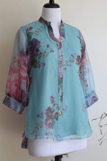 Vintage Blue Organza Shirt Top