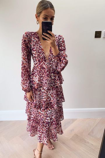 Ashton Ruffle Midi Dress - Coral Abstract