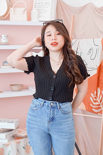 Eyes for Love Knit Button Down Top in Black
