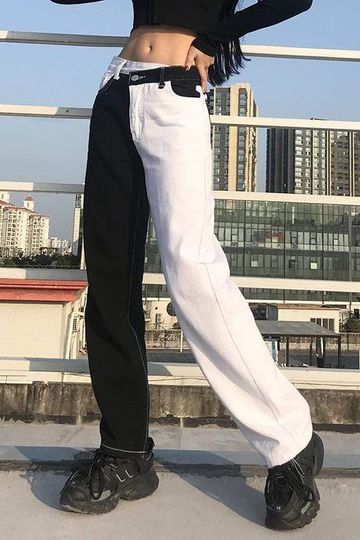 Black And White Contrast Patchwork Jeans