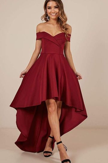 Maroon high-low off-shoulder dress
