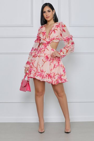 In The Moment Floral Cut Out Mini Dress (Pink Floral)
