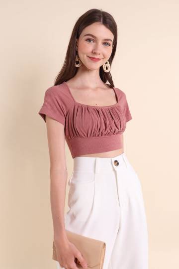 MADEBYNM BASIC THALIA RUCHED CROPPED TOP IN VINTAGE ROSE