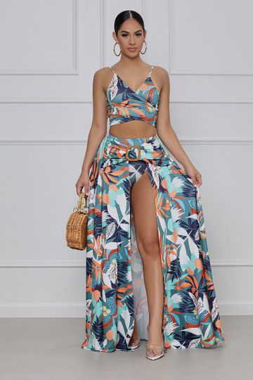 Tropical Temptation Maxi Skirt Set (Green Multi)- FINAL SALE