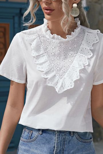 Eyelet Embroidered Ruffle Trim Top