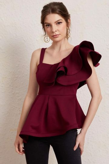 Asymmetrical Neck Ruffle Trim Peplum Top