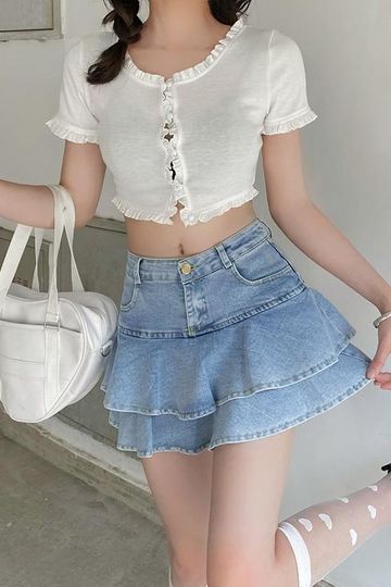 Double Trouble Ruffle Jean Pleated Mini Skirt