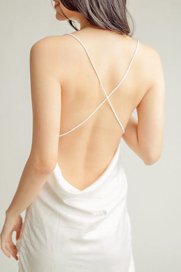 Elisabeth White Cowl Neck Cross Back Spaghetti Strap Mini Dress