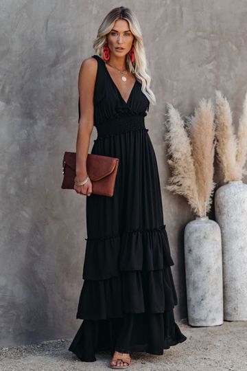 Formal Introduction Ruffle Tiered Maxi Dress - Black
