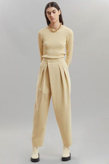 Crossover Waist Pleat Front Trousers in Marzipan