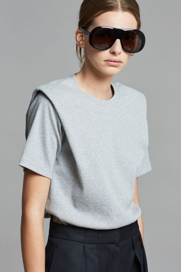 Flora Ribbed Padded Shoulder Tee - Heather Grey