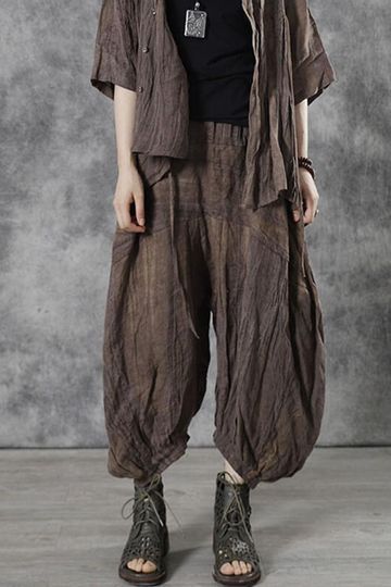 Linen Women Casual Pleated Elastic Waist Pocket Lantern Pants