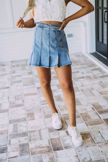 Pleated Denim Mini Skirt
