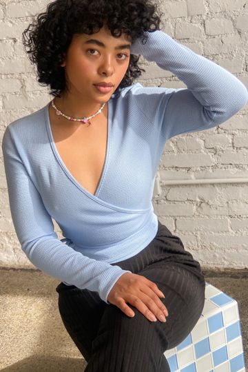 Lucille Wrap Top Long Sleeve - Cornflower Blue Thermal
