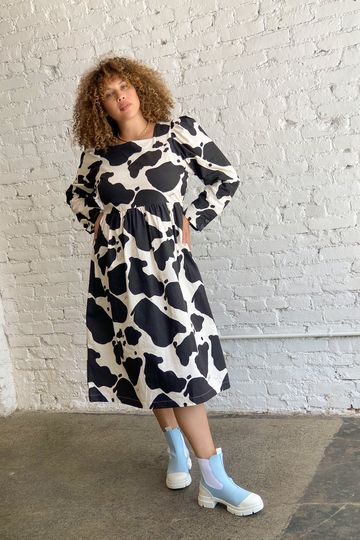 Maddie Midi Dress Long Sleeve - Black/Ivory Cow