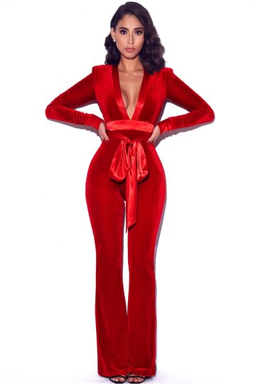 Glorious Red Long Sleeve Velvet Jumpsuit