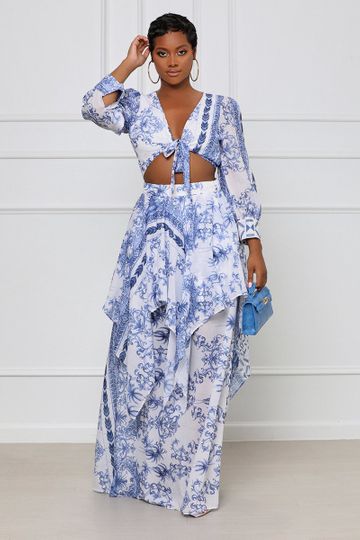 Lost In You Maxi Skirt Set (Blue & White)