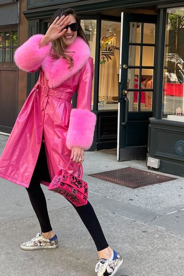 Faux Fur Genuine Leather Coat in Pink
