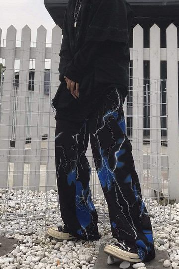 SKATER AESTHETIC LIGHTNING PRINT LOOSE BLACK PANTS