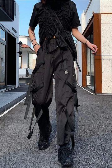 BLACK HIGH WAIST MULTI POCKETS LOOSE TECHWEAR PANTS