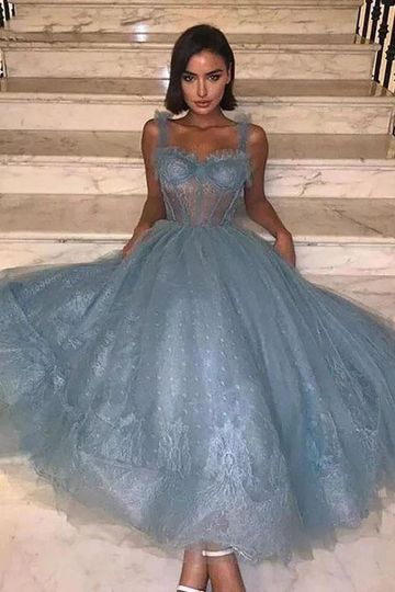 Chic Blue Prom Dress Tea Length Sexy Corset Top Tulle Skirt Party Gowns OKV69