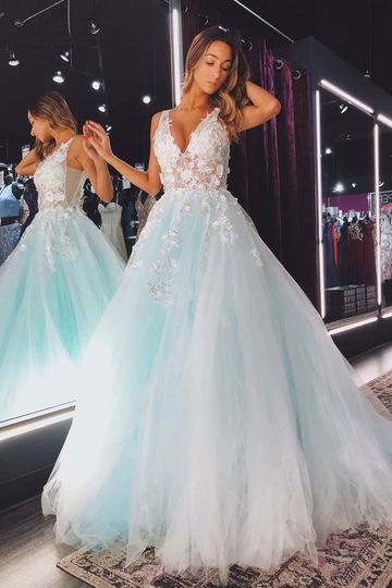 V Neck Teal Lace Floral Long Prom Dress, A Line Tulle Long Formal Evening Dresses OKW99