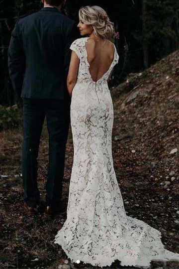 Lace Bohemian Mermaid V Back Wedding Dress, V-Neck Cap Sleeves Bridal Dresses OKX41
