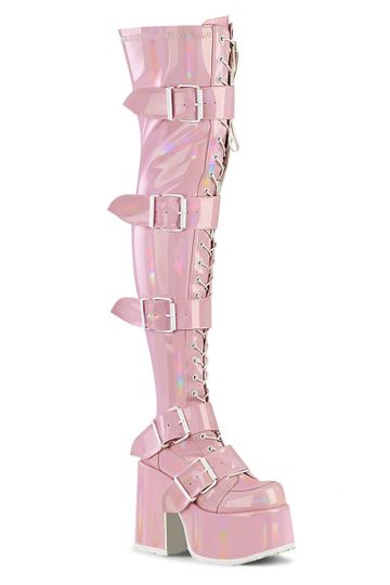 Demonia Pink Hologram Thigh High Platform Boots