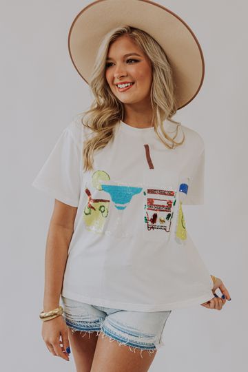 Queen of Sparkles: Margarita Sippin’ Sequin Short Sleeve Tee - White