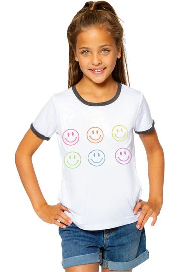Ringer Tee - White w/ Charcoal Trim - "Glitter Smiley Faces" for Little Girls 4-6x