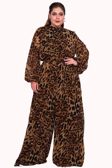 Plus Size Curvy Leopard Print Chiffon High Waist Long Wide Leg Palazzo Pants
