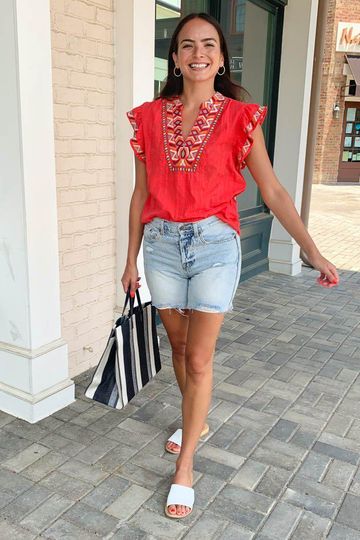 THML Arawak Flutter Sleeve Embroidered Top-Red