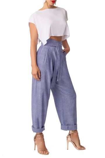 "Isadora" Chambray Belted High Waist Pants