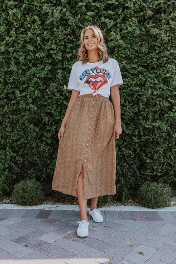 THE CAIRO LEOPARD MIDI SKIRT IN CAMEL