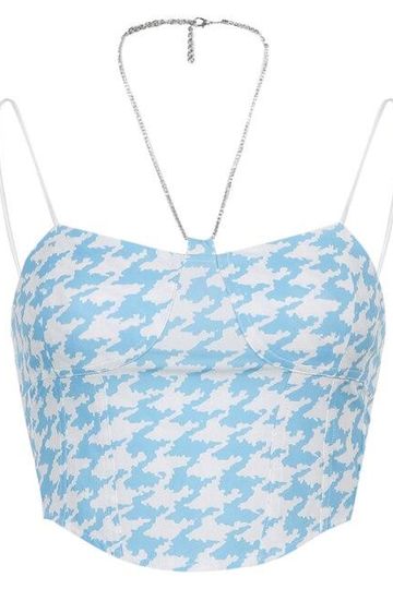 Blue Houndstooth Halter Crop