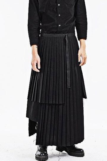 Dark Black Essentials Pleats Wrap Long Skirt //  Pleated Skirt Mens / Wear it with Drop Crotch Pants