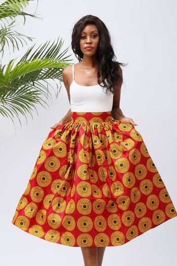 Fashion Women Skirt African Ankara Print Skirt Pockets And Elastic Waist