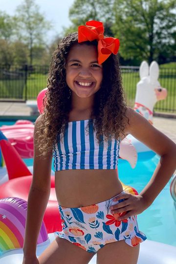 Blue Stripes & Floral Ruffle Strap Bikini