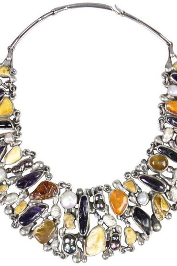 Jan Pomianowski Necklace Amber & Amethyst Sterling Silver Bib Vintage