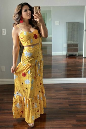 YELLOW FLOWER Floral Print Crop Top Maxi Skirt Set