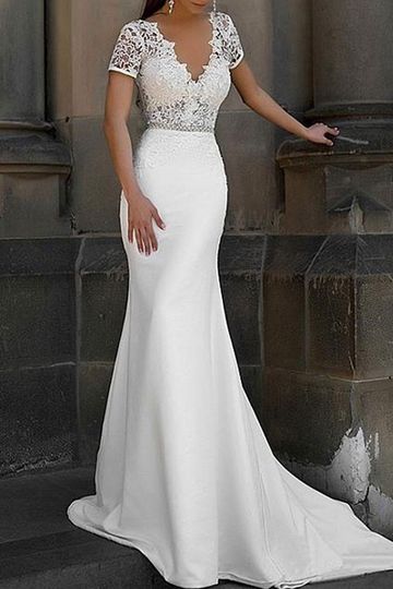 Simple Wedding Dress Mermaid Lace V Neck Short Sleeves Beaded Sash Bridal Dresses With Train