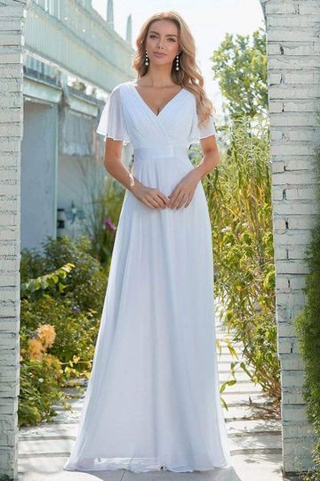 Simple Wedding Dress Chiffon V-Neck Short Sleeves Backless A-Line Long Bridal Gowns