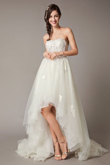 High Low Wedding Dresses Strapless Lace Tulle Bow Sash Asymmetrical Summer Beach Bridal Dress