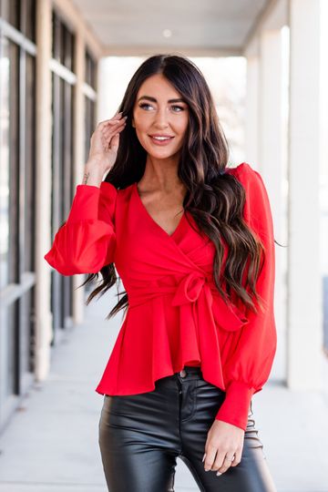 Puff Sleeve Peplum Top -  Red